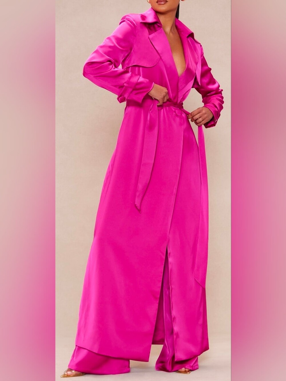 Satin Trench Coat And Pants in Bright Pink